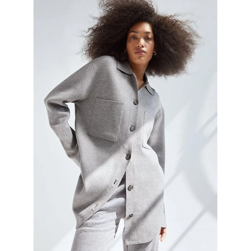 Babaton Aritzia Society Sweater Heather Grey Button-Up Knit Shacket Women's XS